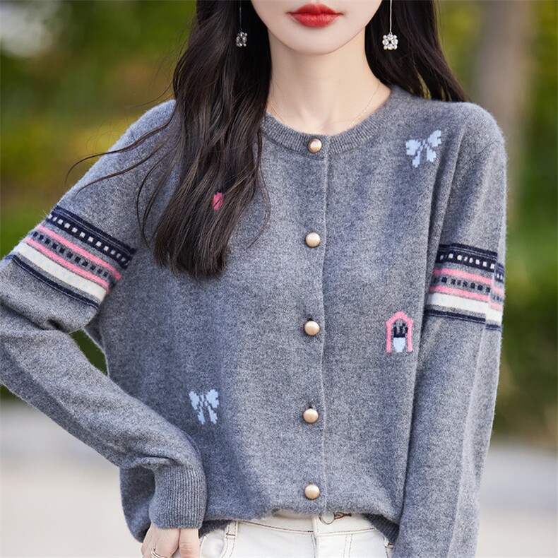 24秋冬100%纯羊毛开衫女圆领撞色提花长袖毛衣宽松甜美羊绒衫外套,女装羊绒衫,科源羊绒