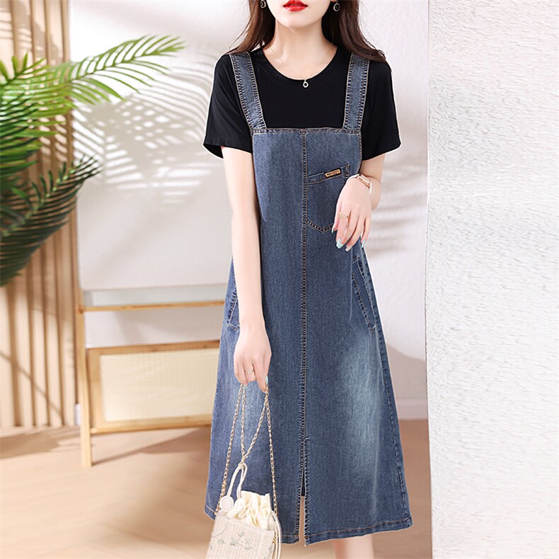 C8032夏季2024背带裙短袖T恤牛仔裙女连衣裙漂亮女裙,女装连衣裙,蓝诺裳