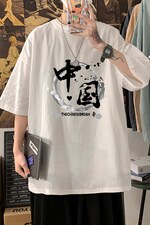 YT26134-P30 亚麻短袖t恤男大码五分袖男宽松七分袖 海报风图片
