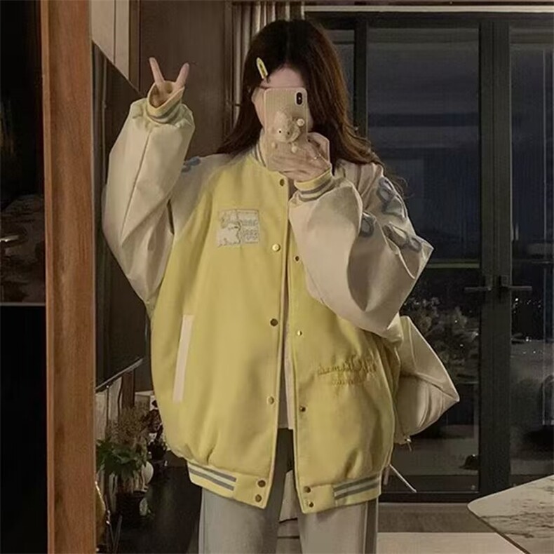 猫咪刺绣棒球服撞色上衣百搭学院风男女情侣拼接宽松潮外套JK0016图片