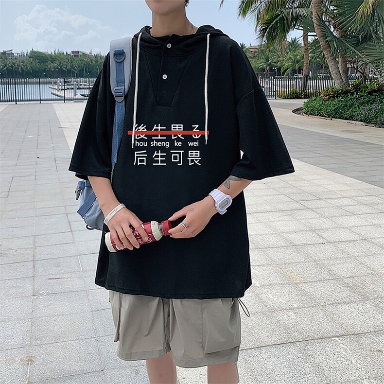 LD54028-P45连帽短袖t恤男大码胖子带帽五分袖中袖,男装T恤,电商A040