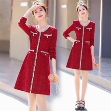 春秋款长袖亮丝连衣裙女装高端名媛时尚高级感显瘦小香风内搭裙子，女装连衣裙，丽美静依