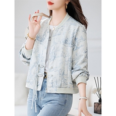白色提花盘扣棒球服外套女2024春秋新款小个子减龄新中式夹克上衣，女装短外套，余墨