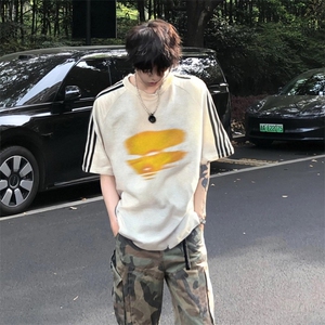 抖音得物高品质二开240克宽松纯棉美式潮牌三条杠织带短袖T恤图片