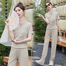 新中式国风套装女2024年夏季新款时尚休闲运动改良旗袍裤子两件套，女装套装/套裙，依路服饰