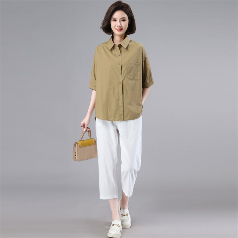 纯色单口袋POLO领单排扣中袖衬衫女2022夏季宽松百搭通勤纯棉衬衣图片
