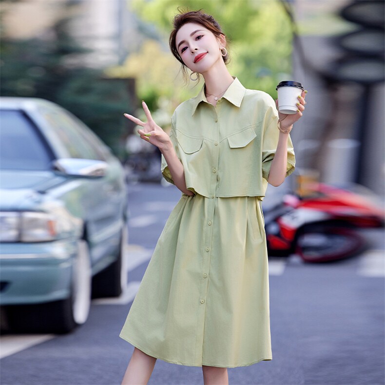 假两件绿色森系连衣裙女夏季2025新款小个子收腰高级感衬衫长裙子，女装连衣裙，红依一坊