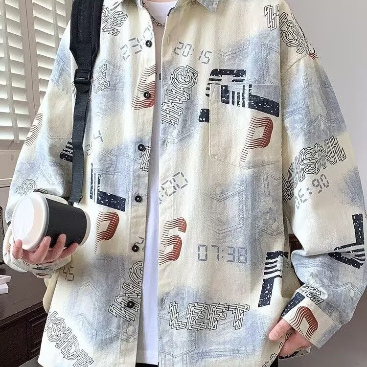 衬衫外套男学生帅气翻领男装潮流衬衣长袖宽松印花上衣H540P34,男装衬衫,星座1112-1