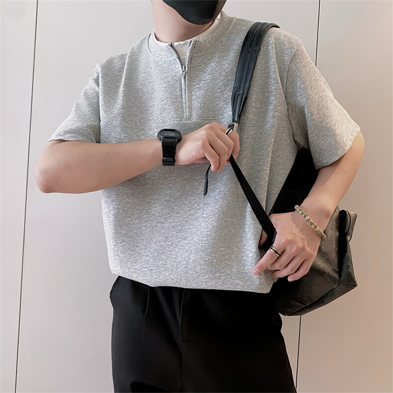 8972/P58控78夏季小伙假两件半拉链短袖T恤男轻奢老钱风上衣藏青2,男装T恤,星座305B