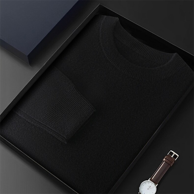 品质男士羊绒圆领长袖套头衫经典黑色商务休闲毛衣柔软舒适保暖，男装羊绒套衫，绒源之鑫