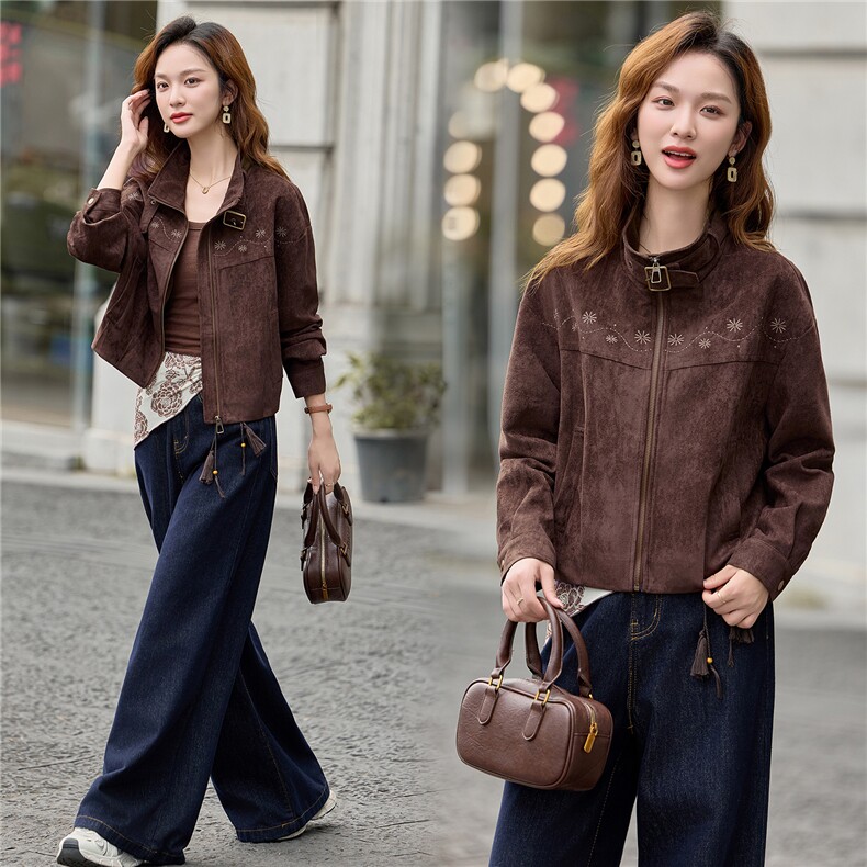 9213设计感刺绣麂皮绒休闲外套,女装短外套,依路服饰