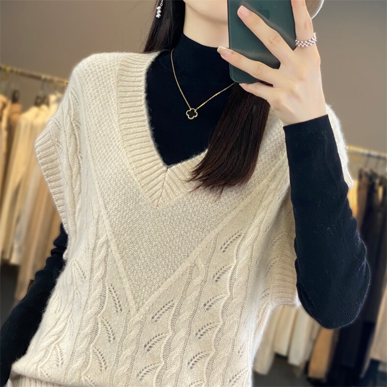 2025秋冬100%纯羊毛针织衫马甲女V领镂空提花羊绒衫无袖背心坎肩,女装马甲,迅太羊绒