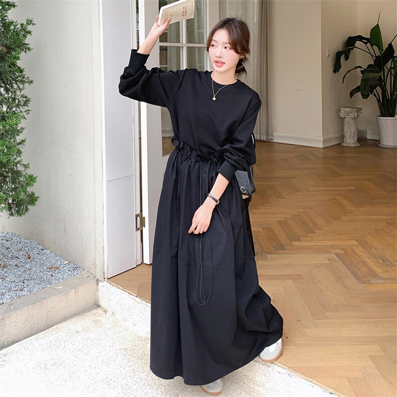 韩版设计感假两件抽绳卫衣裙女2025春秋季新款休闲显瘦减龄连衣裙,女装连衣裙,2C095