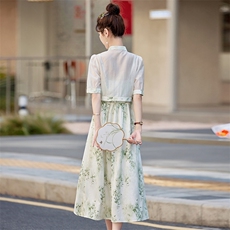 新中式印花吊带连衣裙女夏季新款优雅气质盘扣上衣，女装连衣裙，微微衣阁