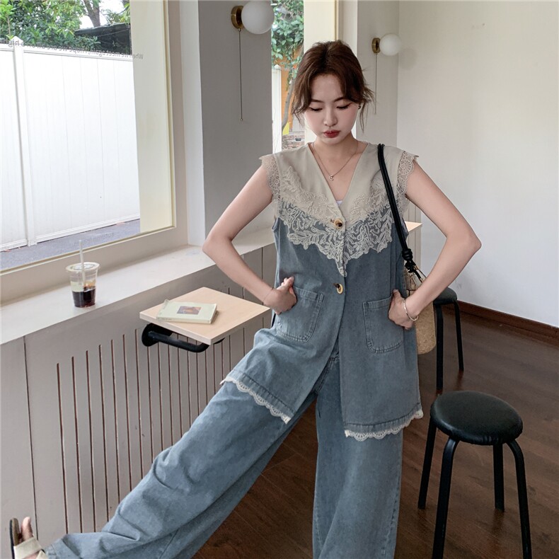 主推新款女装复古蕾丝牛仔马甲时尚套装女2218-P205-K315,女装套装/套裙,网红馆