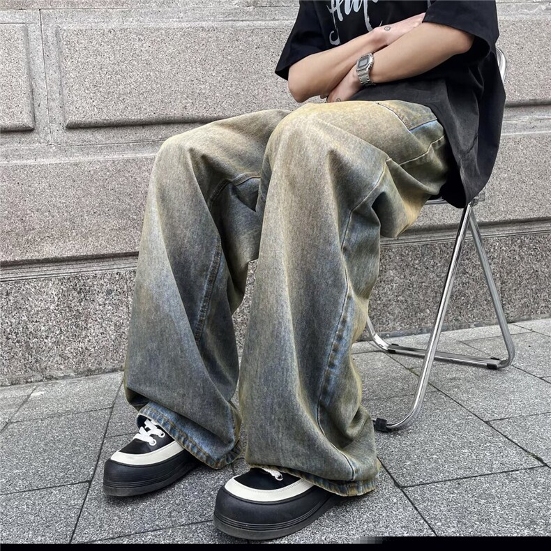 废土风牛仔裤男反面口袋设计感宽松直筒阔腿裤1001-1-GN607-P53,男装牛仔裤,星座1001-1