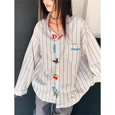 美式复古条纹刺绣长袖衬衫男女宽松休闲情侣衬衣春秋上衣外套潮潮，男装衬衫，星座506A