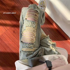 2026夏季美式高街破洞直筒牛仔裤货号K688P55图片