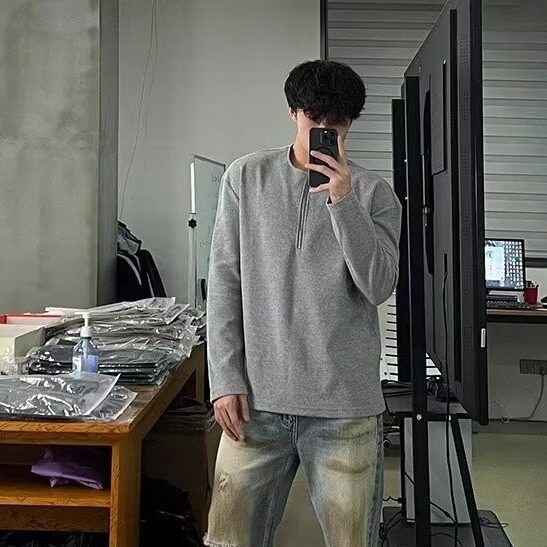 半拉链华夫格纯色长袖男氛围感上衣ins春秋慵懒风休闲卫衣情侣款,男装卫衣,星座506A