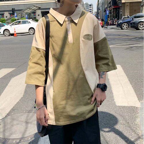 polo衫男短袖拼接字母港风夏季新款2021上衣宽松痞子帅气W766-P25，男装Polo衫，星座412-2