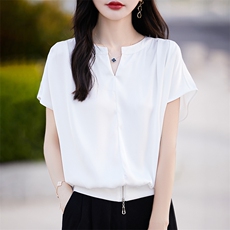 半开领醋酸真丝短袖女24夏季薄款缎面拉链上衣宽松百搭半袖打底衫，女装T恤，臻维羊绒