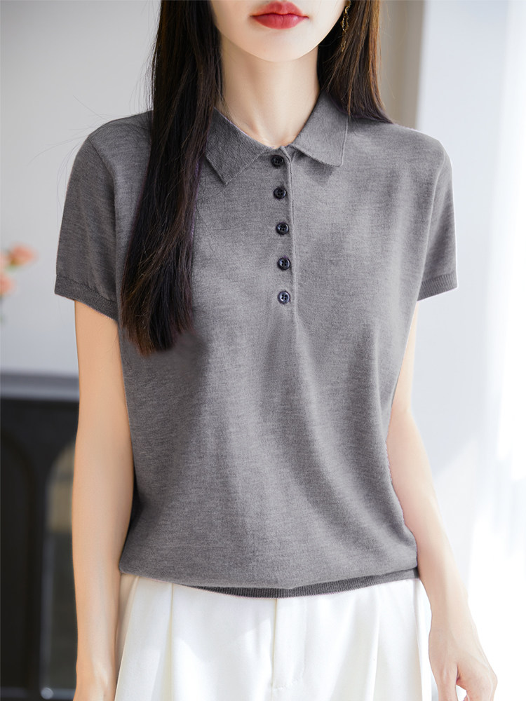 POLO翻领短袖针织T恤女2025夏薄款新款精纺薄款打底小衫t恤衫上衣,针织衫/毛衣,暖烁特种纱工厂店