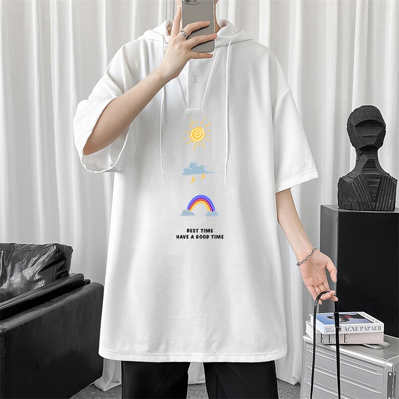 LD54141-P45 连帽短袖t恤男大码胖子带帽五分袖中袖图片