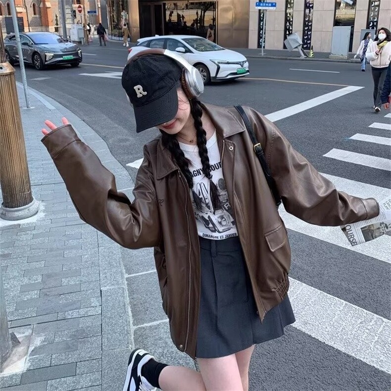 复古高级感翻领宽松短款欧美风飞行员夹克皮衣外套Y1014-P68网图,女装风衣,电商B245