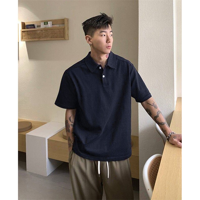 得物抖音高品质二开珠地网眼透气面料纯色宽松短袖T恤翻领POLO衫,男装T恤,电商A486
