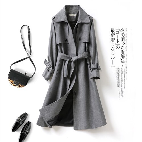 现货2023春秋新款韩版纯色中长款风衣外套女，女装风衣，艾乐芳