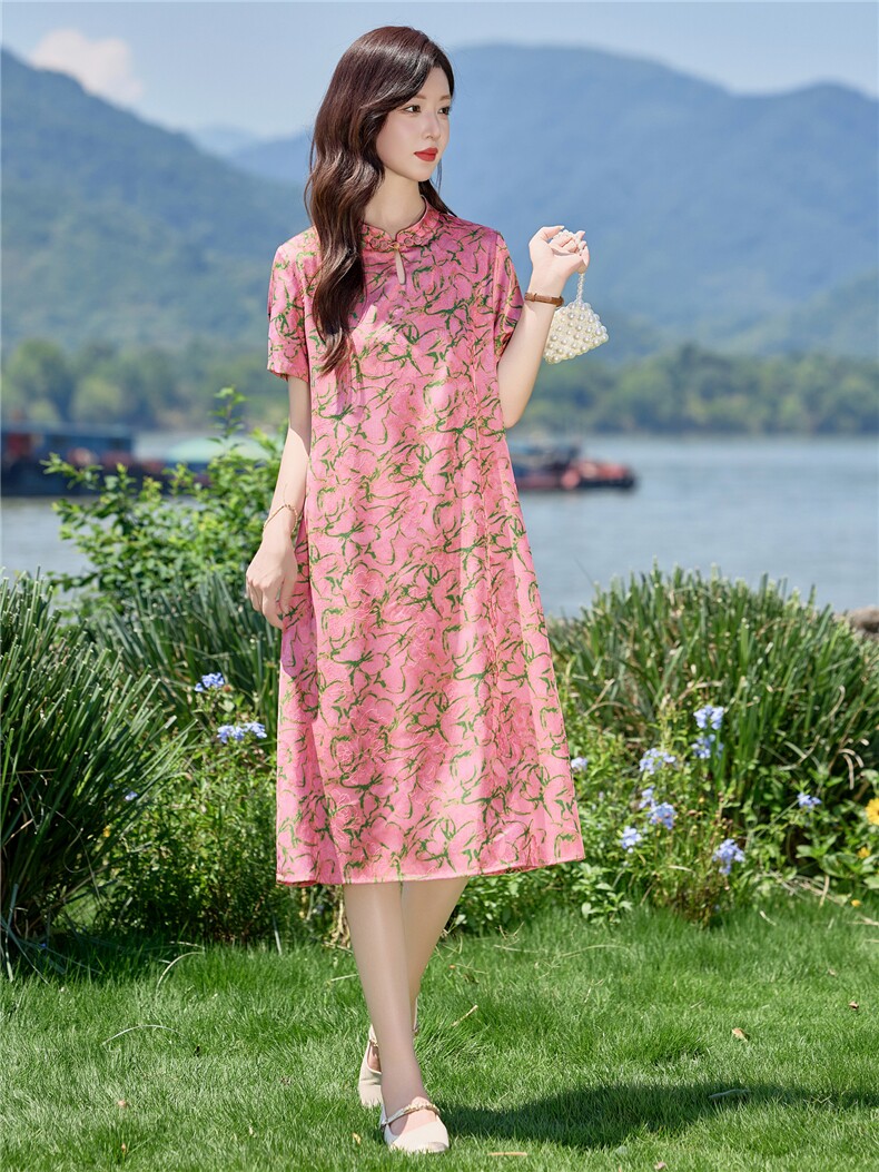 2878时尚复古盘扣印花连衣裙,女装连衣裙,罗得堡