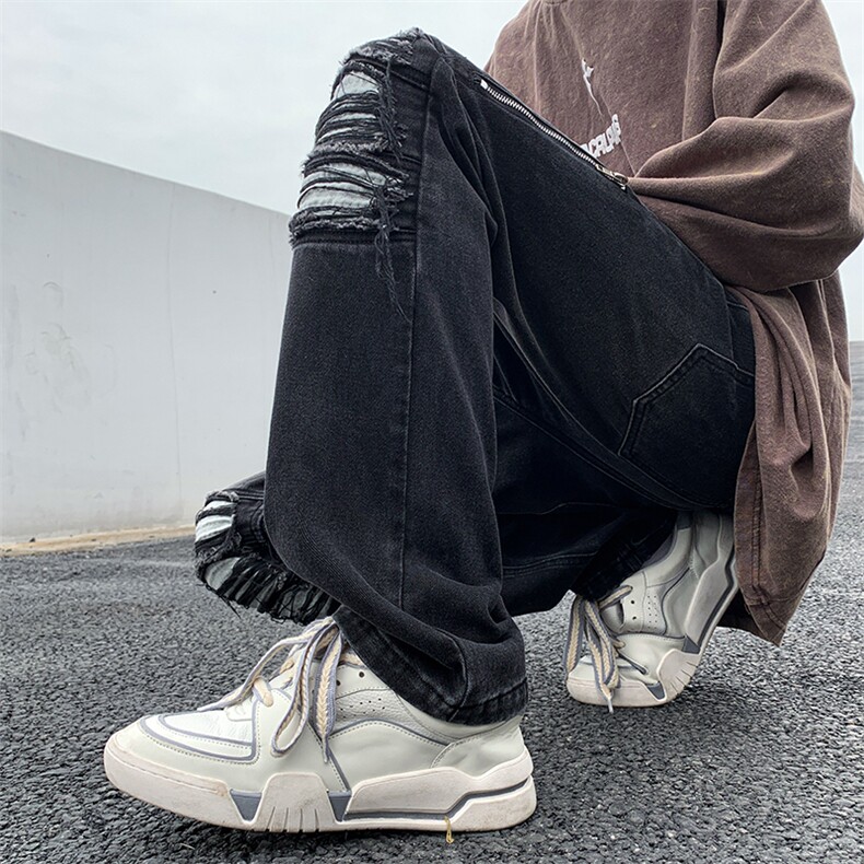 B221美式ins高街暗黑小众拉链破洞牛仔裤LK23052-P65控88,男装牛仔裤,电商B221