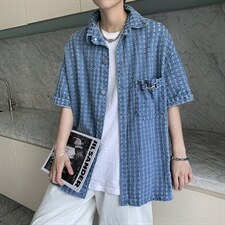 牛仔衬衫男破洞韩版潮流高街帅2022夏季新款ins宽松外套W2714-P48，男装衬衫，星座412-2