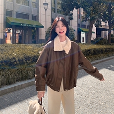 新品美拉德羊羔毛拼接PU机车服皮衣2598P195K298，女装短外套，2C029