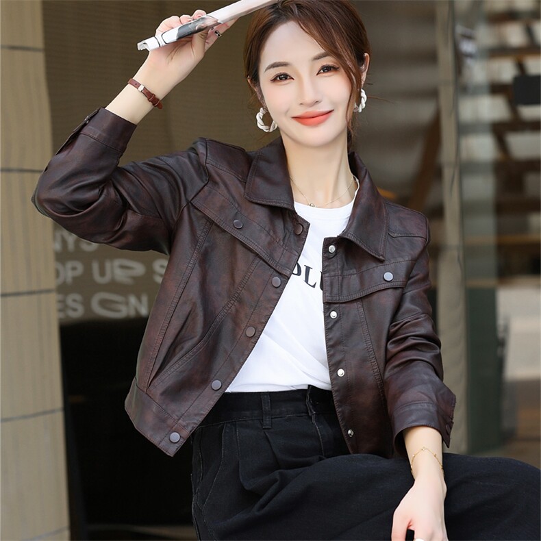 秋冬新韩皮U机车短款立领外套女上衣蝙蝠袖开衫宽松皮衣夹克外套，女装皮衣，欧兰熙