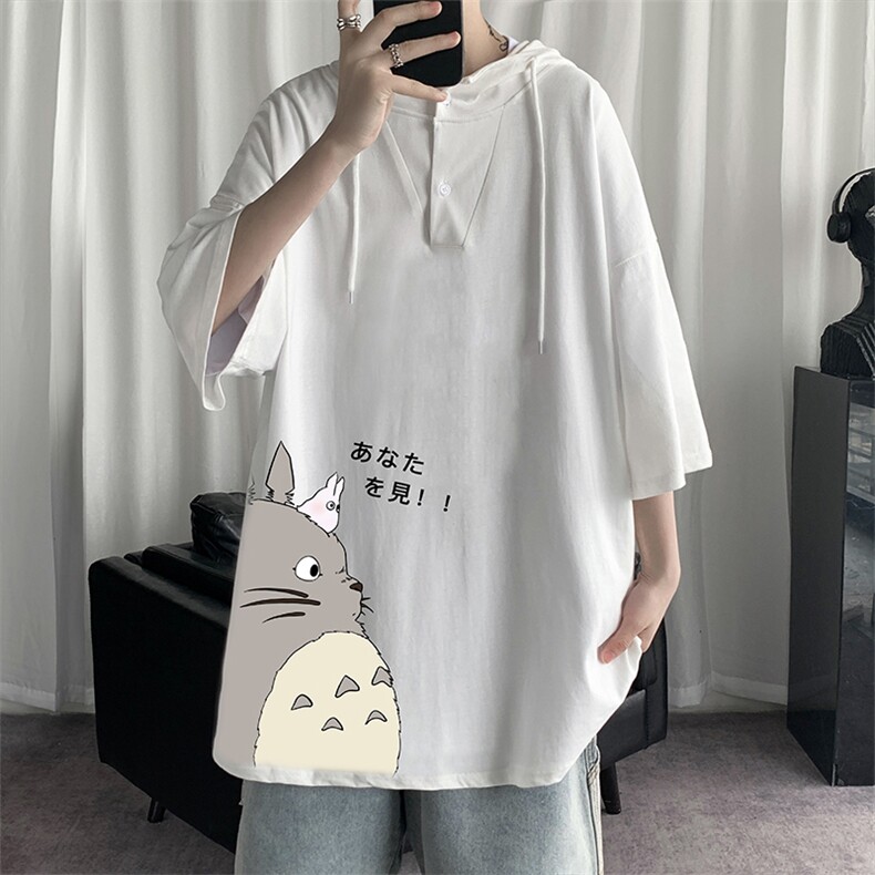 LD54150-P45 连帽短袖t恤男大码胖子带帽五分袖中袖图片
