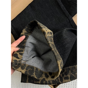 AK2476-P55宽松阔腿牛仔裤女高腰拼接豹纹卷边垂感直筒拖地长裤图片