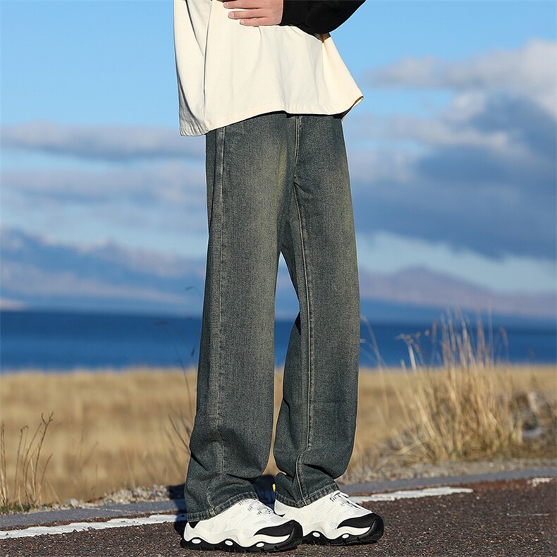 港风做旧高街直筒牛仔裤男士宽松休闲韩版潮流休闲阔腿长裤子P55，男装牛仔裤，星座205-1