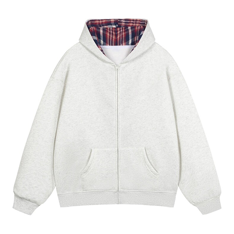 抖音得物品质二开25秋冬美式假两件格子连帽卫衣开衫外套CM35，男装卫衣，电商A486-1