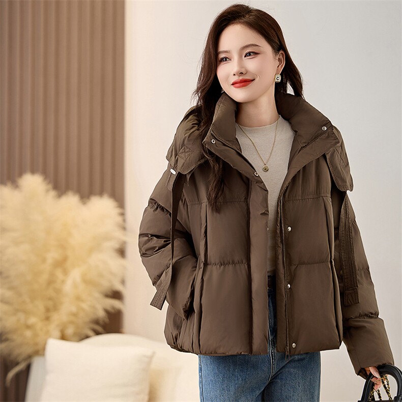 连帽飘带短款羽绒服女2024冬季新款加厚小个子90白鸭绒面包服外套,女装羽绒服,衣之秀