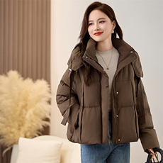 连帽飘带短款羽绒服女2024冬季新款加厚小个子90白鸭绒面包服外套，女装羽绒服，衣之秀