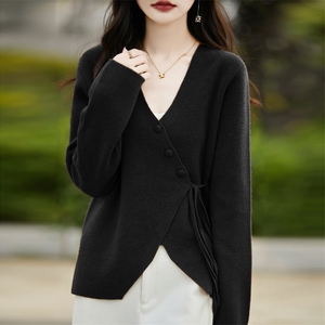 交叉V领100%羊毛开衫女长袖针织外套毛衣宽松羊绒衫系带外搭上衣图片