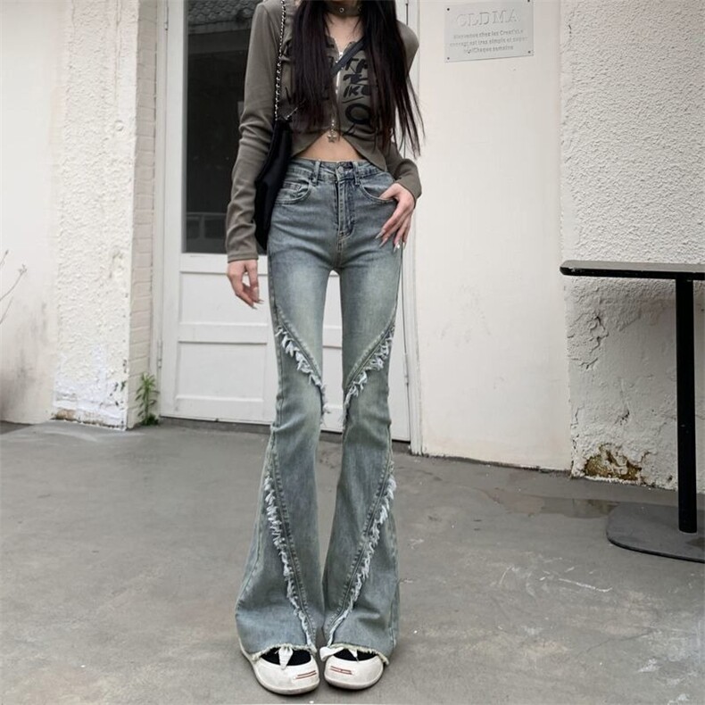 美式微喇牛仔裤女春秋新款高腰显瘦设计感小个子毛边喇叭牛仔裤潮图片