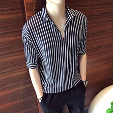 简约条纹痞帅松紧收腰男士套头V领中袖衬衫CS30D/P30特，男装衬衫，电商A243