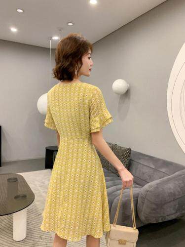 修身短款碎花连衣裙，女装连衣裙，荷塘月色