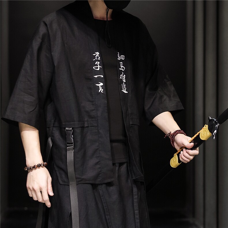 7042夏季中国风新款亚麻开衫武士剑客侠客飘逸刺绣衬衫潮日系图片