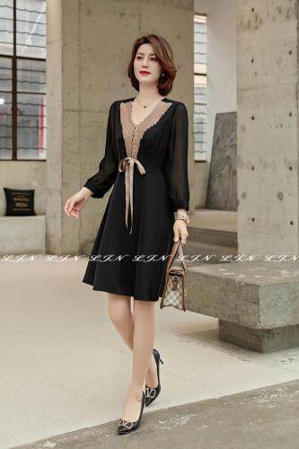 飘带拼接醋酸料连衣裙，女装连衣裙，莲佳妮