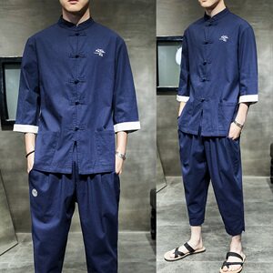 夏季新款中国风棉麻七分袖衬衫男士七分休闲裤大码套装TZ073/P100图片