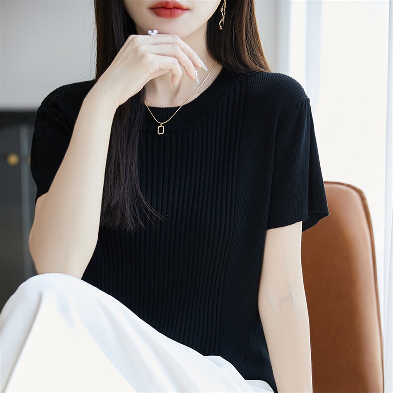设计感小众正肩短袖女t恤夏季新修身短款灰色上衣服,女装T恤,广悦羊绒