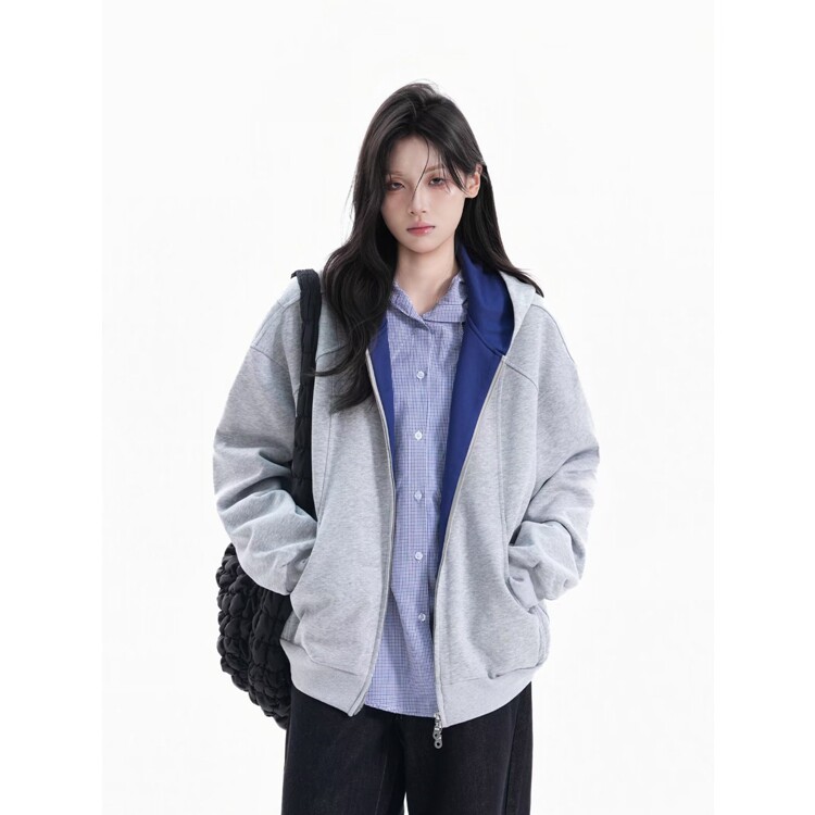 美式复古重磅衬衫假两件卫衣外套女春秋2025新款开春宽松拉链开衫,男装衬衫,星座218-8